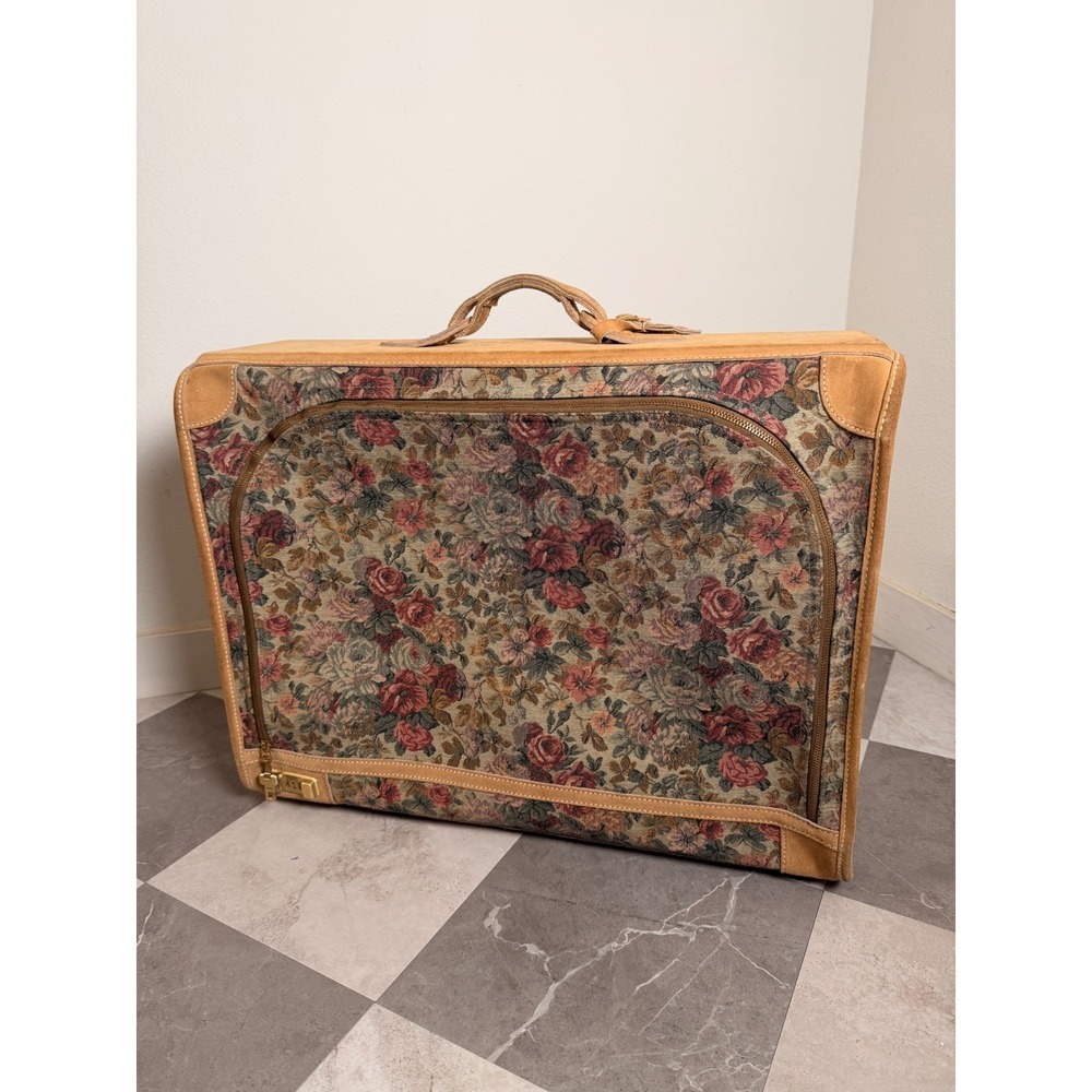 French Luggage Co Vintage Large Floral Tapestry Suede Suitcase Tan Rose Travel